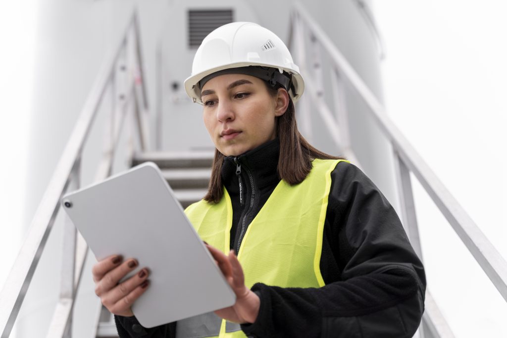 female construction professional using construction technology.