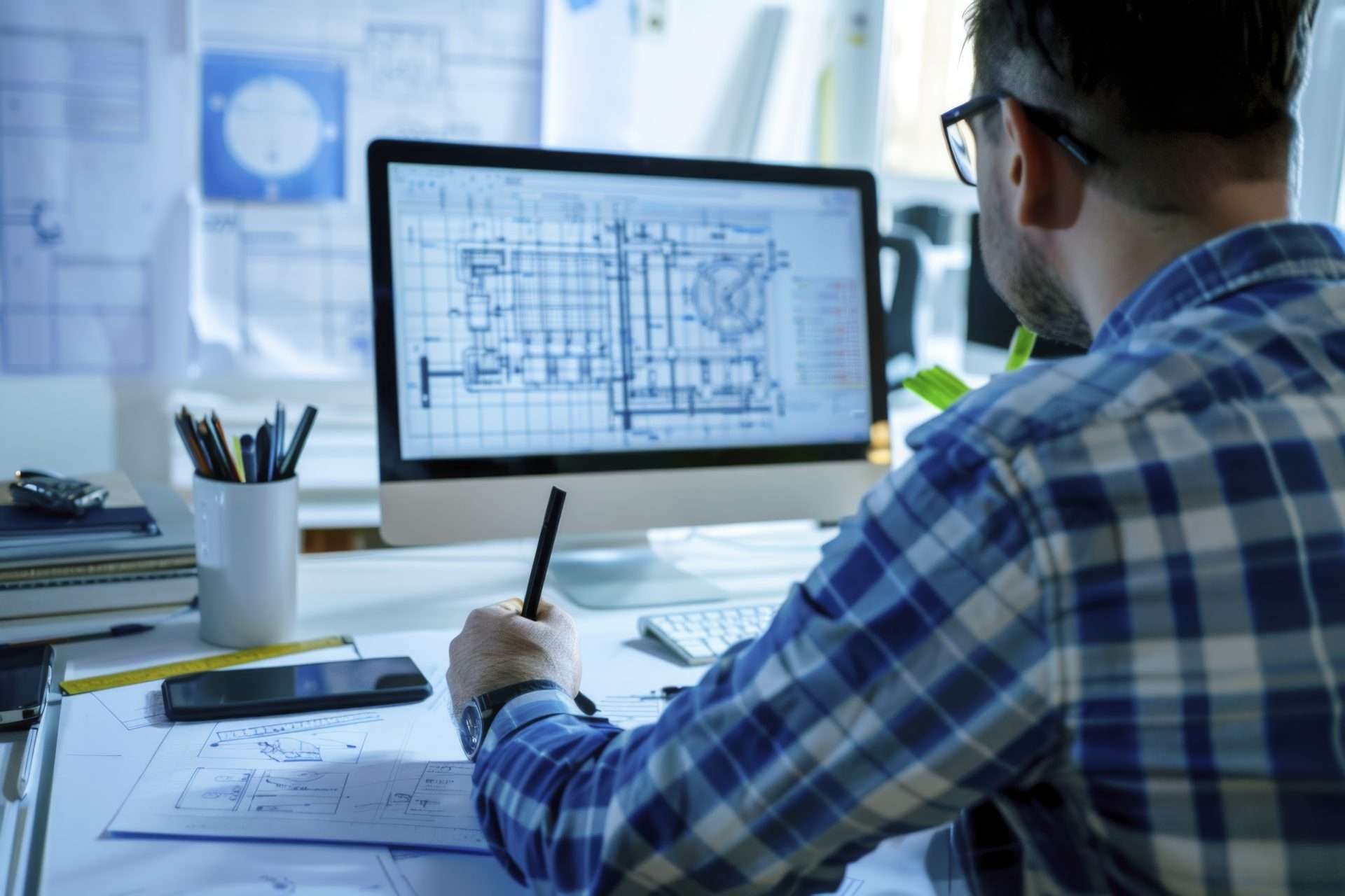 architect using shop drawings for construction project.
